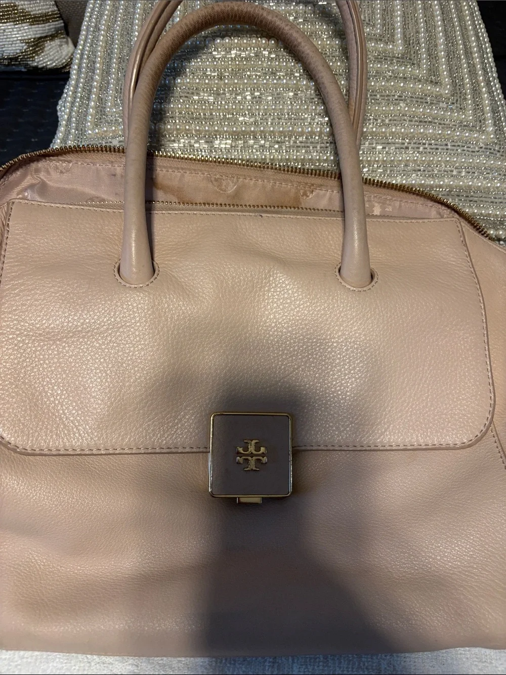 Tory Burch Blush Taupe Leather Satchel with Gold Hardware